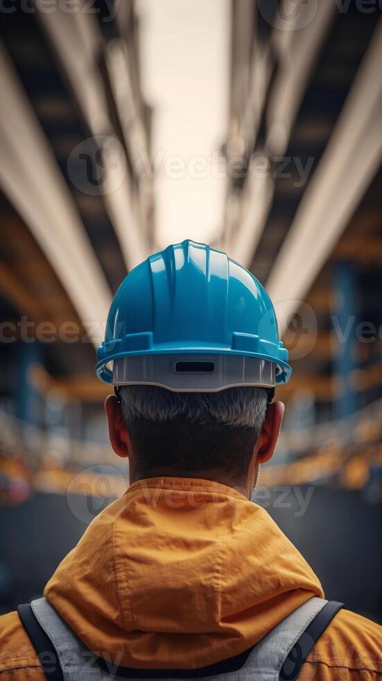 Back of the construction worker head which is wearing the safety helmet. photo