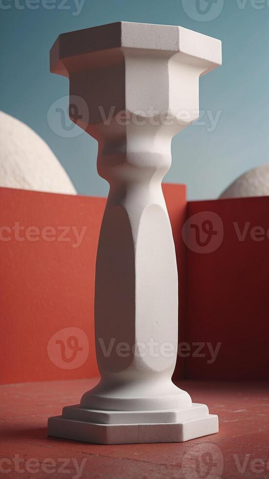 A white stone pedestal sits in front of a red wall. photo