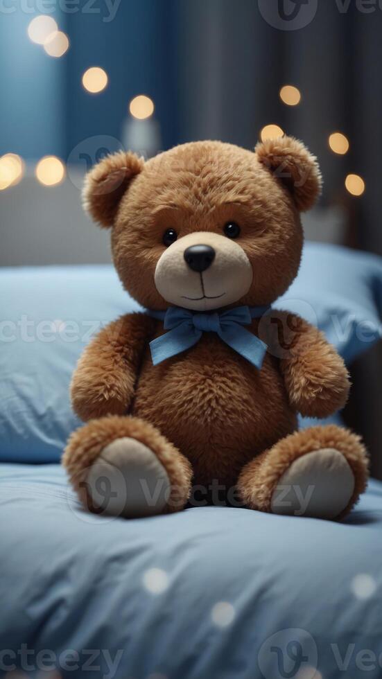 A teddy bear is sitting on a bed with a blue sheet. photo