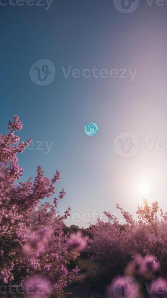 A blurry image of a blue sky with a purple sun. photo