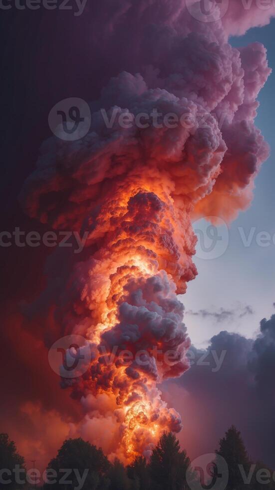 A purple and orange cloud with fire shooting out of it. photo