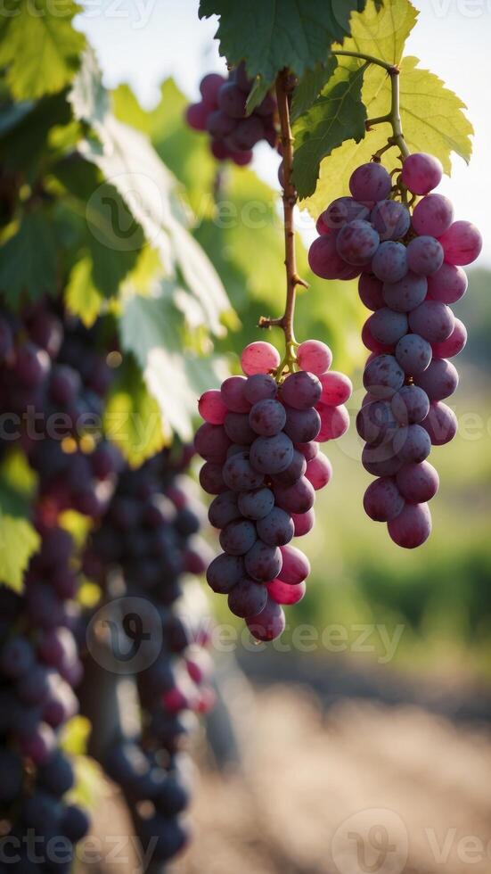 A bunch of purple grapes hanging from a vine in a vineyard. photo