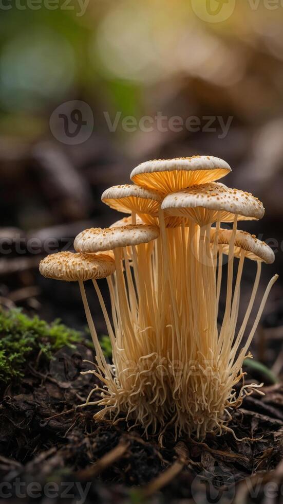 Golden Needle mushrooms, or enoki mushrooms, are long and thin with a small cap They grow in clusters and are often used in Asian cuisine. photo