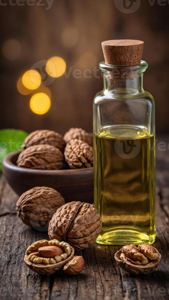 Walnut oil bottle with nuts on rustic table. photo