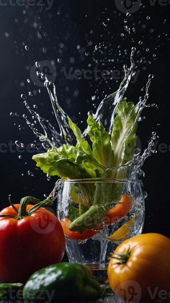 Vibrant Splash of Vegetables and Water in Motion. photo