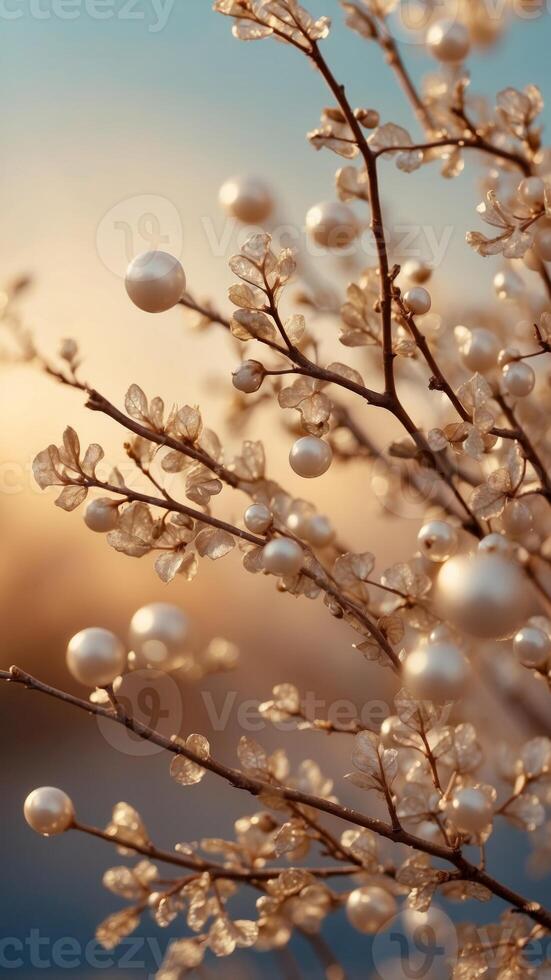 Beautiful background with pearls and golden branches. photo
