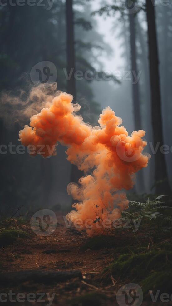 Dynamic Orange Smoke in Misty Forest background. photo