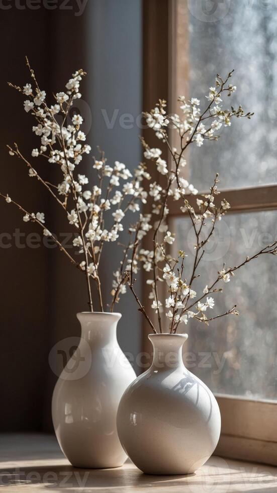 Minimalist White Vases with Delicate Branches in Sunlight. photo