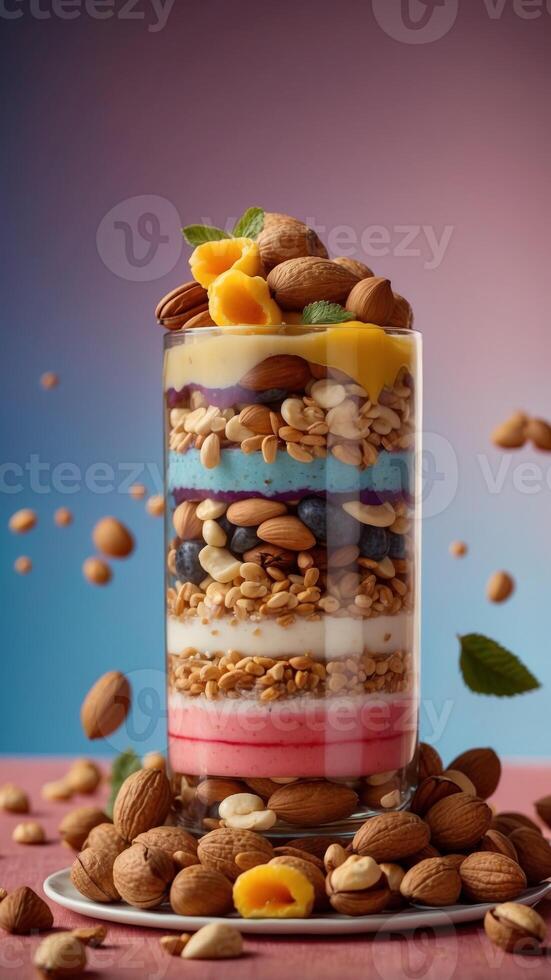A dessert with a lot of nuts on top of it. photo