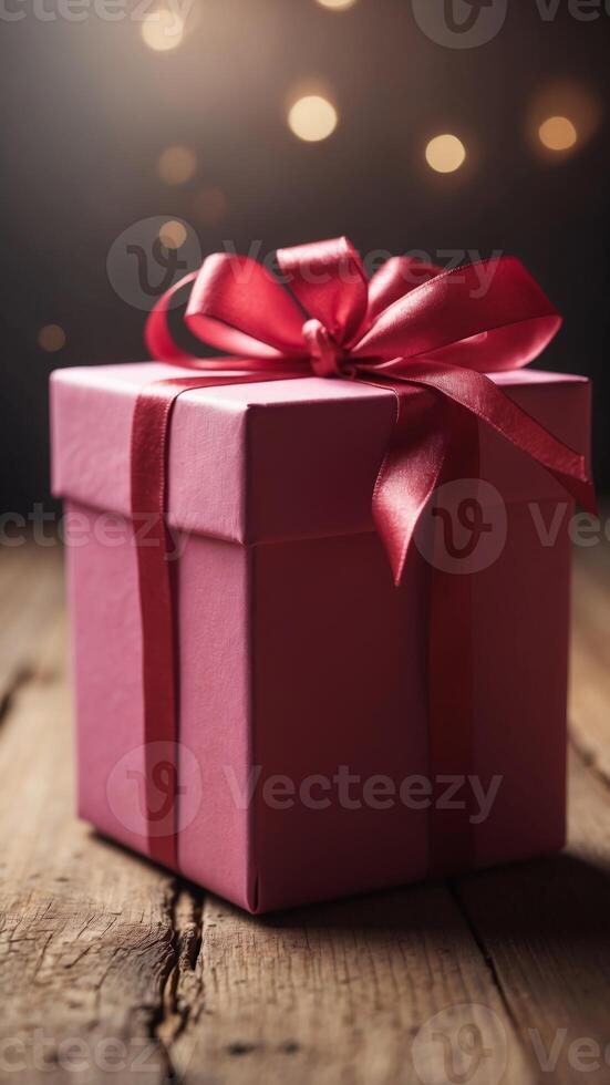 A pink box with a red ribbon sits on a wooden table. photo