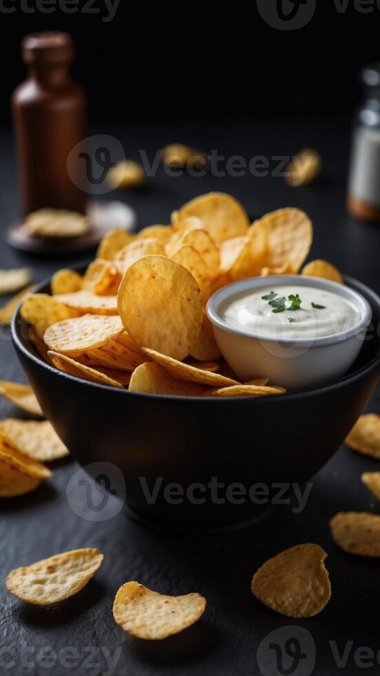 A bowl of chips with a white dip on a black table. photo