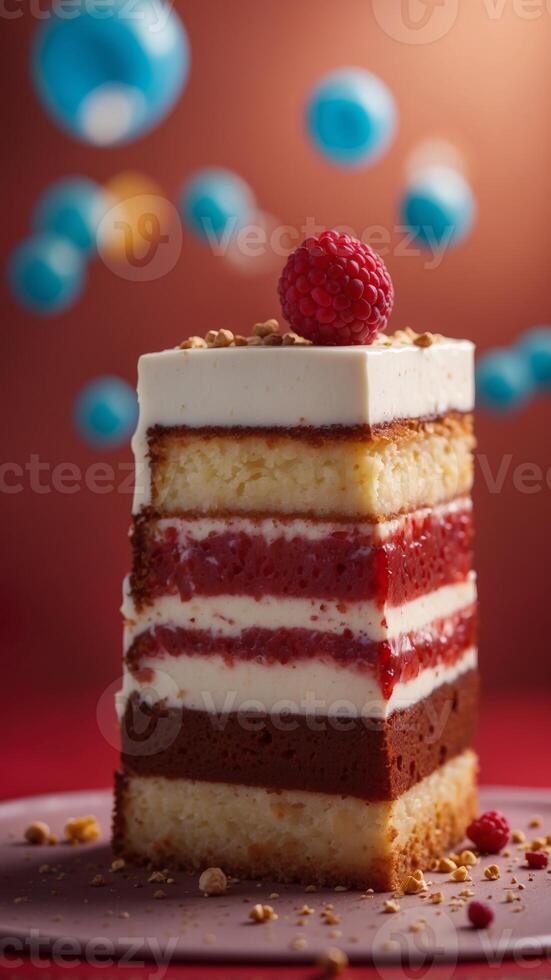 A piece of cake is cut in half and placed on a red background. photo