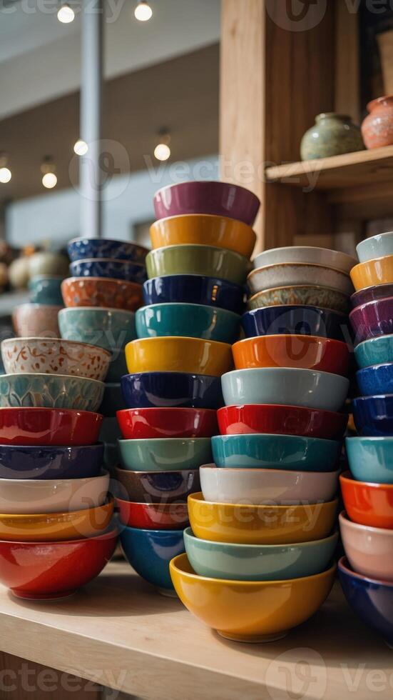 Colorful ceramic bowls on display in a store. photo