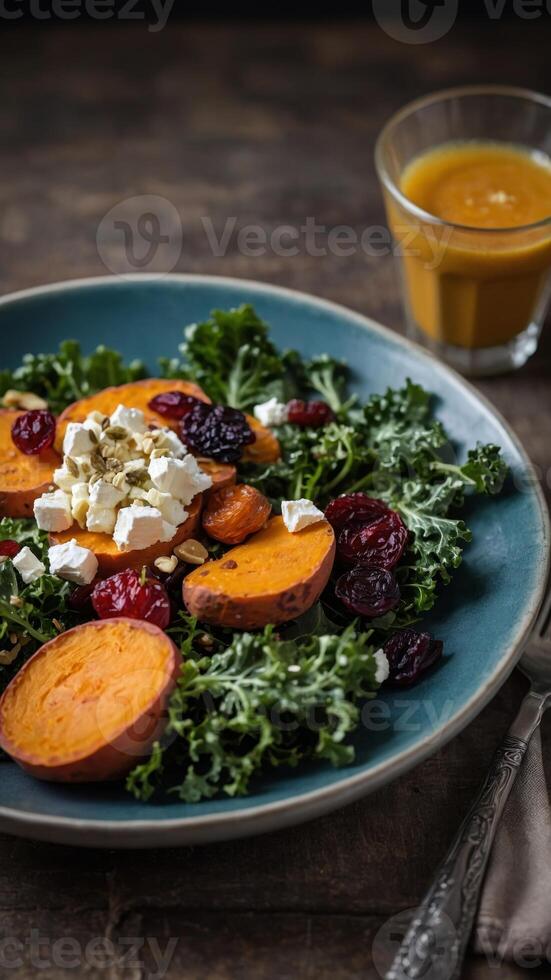 Indulge in a salad symphony featuring roasted sweet potato, vibrant kale, tangy goat cheese, and a medley of sweet and chewy dried fruits. photo