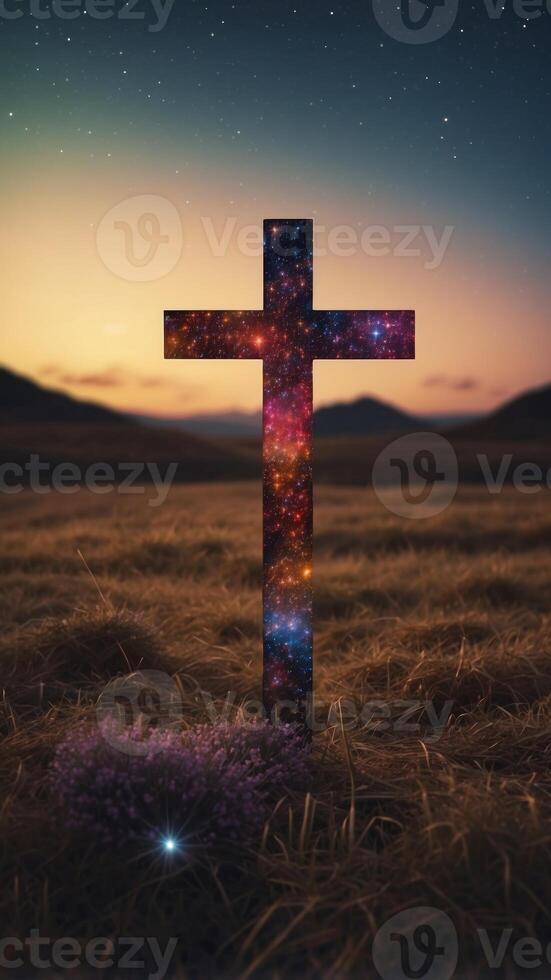 A cross is standing in the middle of a field of stars. photo