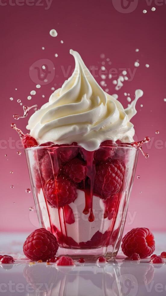 Raspberry dessert with dramatic splash of cream and vibrant pink background. photo
