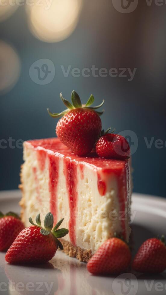 A slice of strawberry cheesecake with a strawberry on top. photo