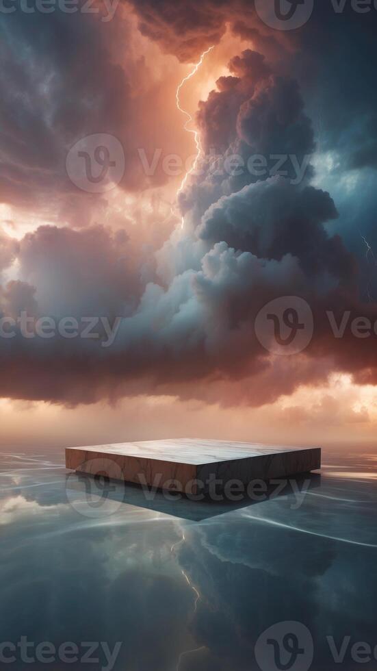 A marble platform dramatically floating in a tumultuous cloud filled sky during a powerful thunderstorm Bright flashes of lightning illuminate the scene. photo