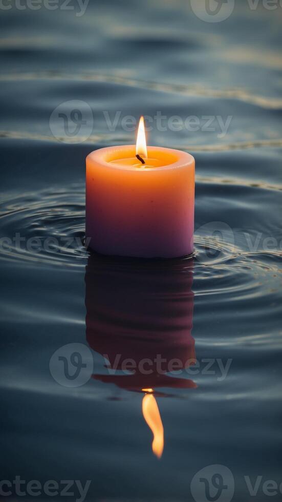 A lit candle is floating on the surface of a body of water. photo