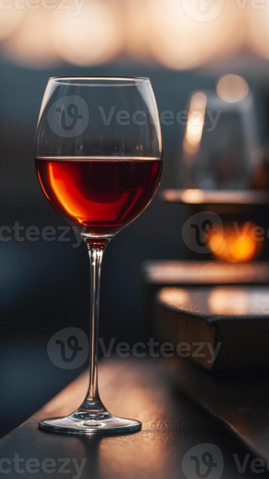 A glass of wine is sitting on a table with a blurry background. photo