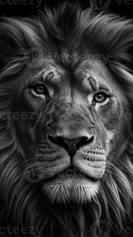 A black and white drawing of a lion's head on a black background. photo