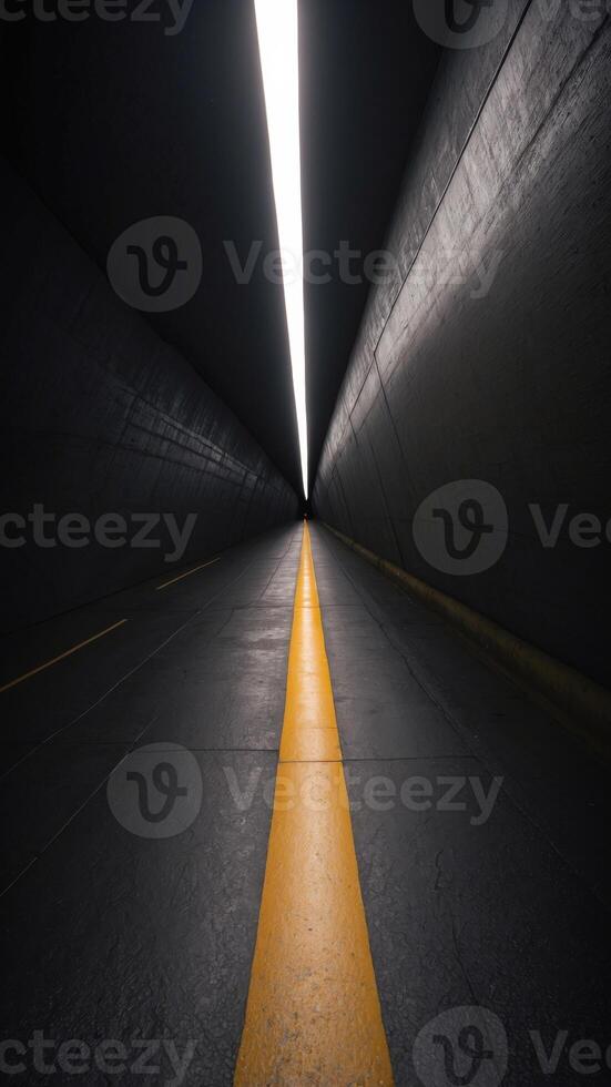 A dark tunnel with a yellow line on the ground. photo