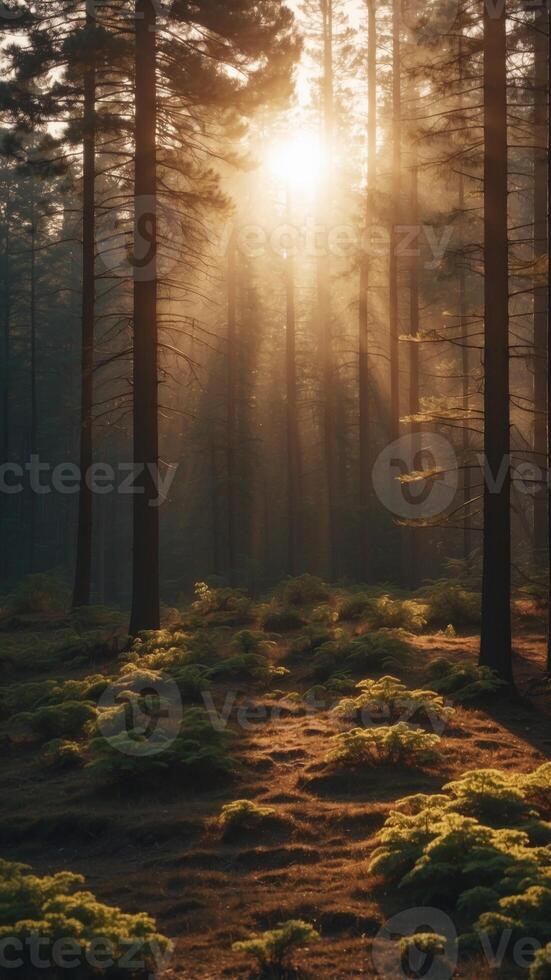 Vertical landscape with pine branches and sun rays. photo