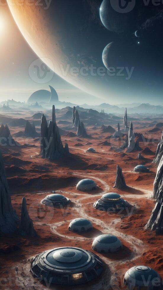 Lunar base with futuristic buildings and the Earth in the starry sky. photo