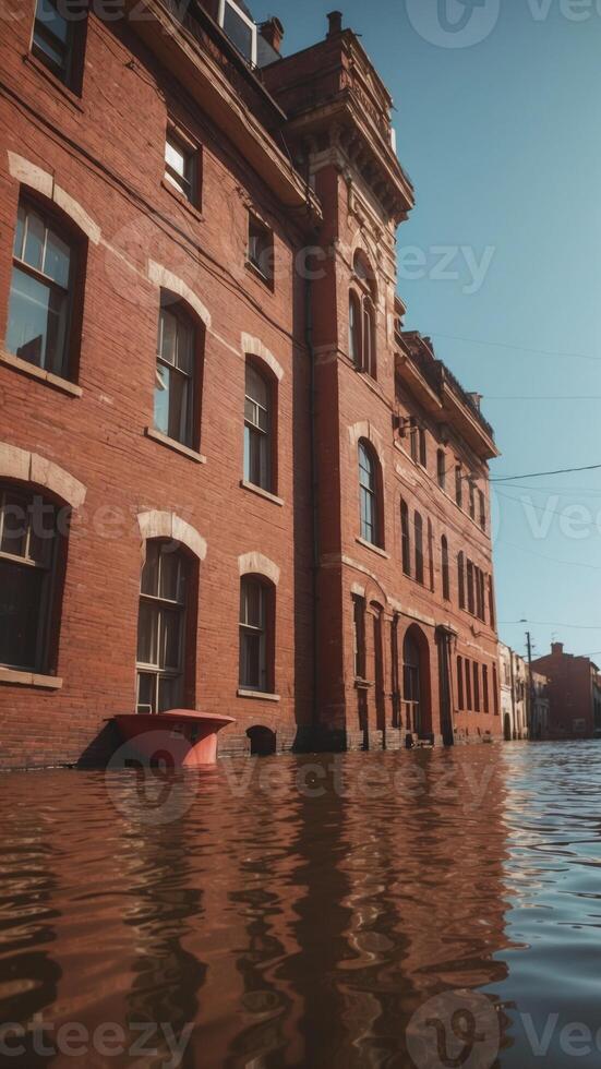 Old red brick building flooded with sun and traffic light. photo