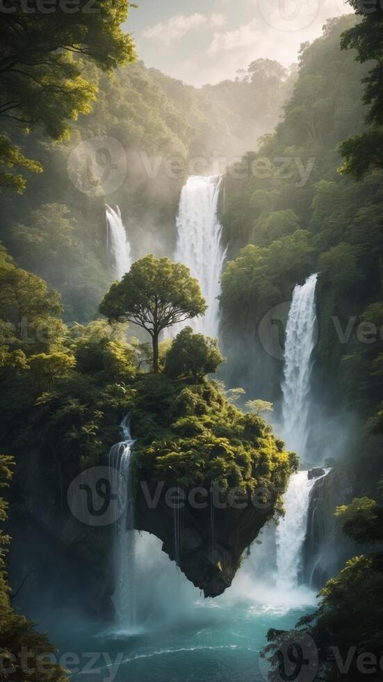 Dreamy Floating Island with Lush Forest and Waterfalls. photo