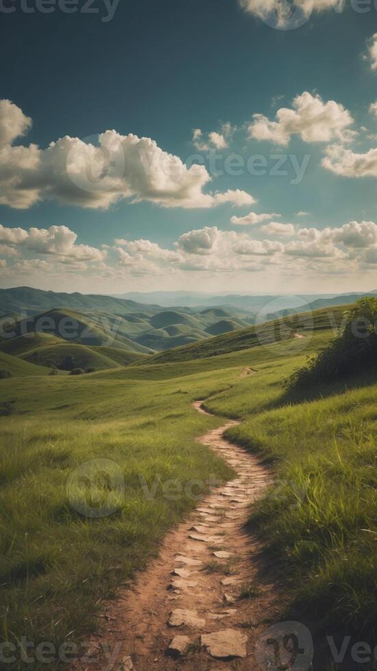 Path on a lush green hill under a sunny sky with clouds. photo