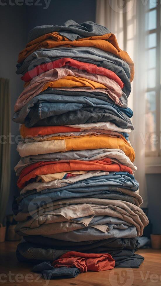 A pile of clothes is stacked placed on top of each other within a room. photo