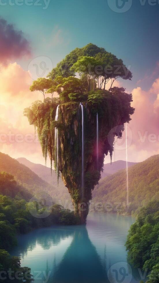 Dreamy Floating Island with Lush Forest and Waterfalls. photo