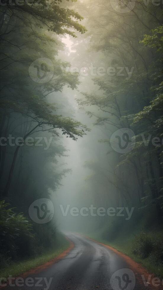 Mysterious Foggy Road Through Lush Green Forest. photo