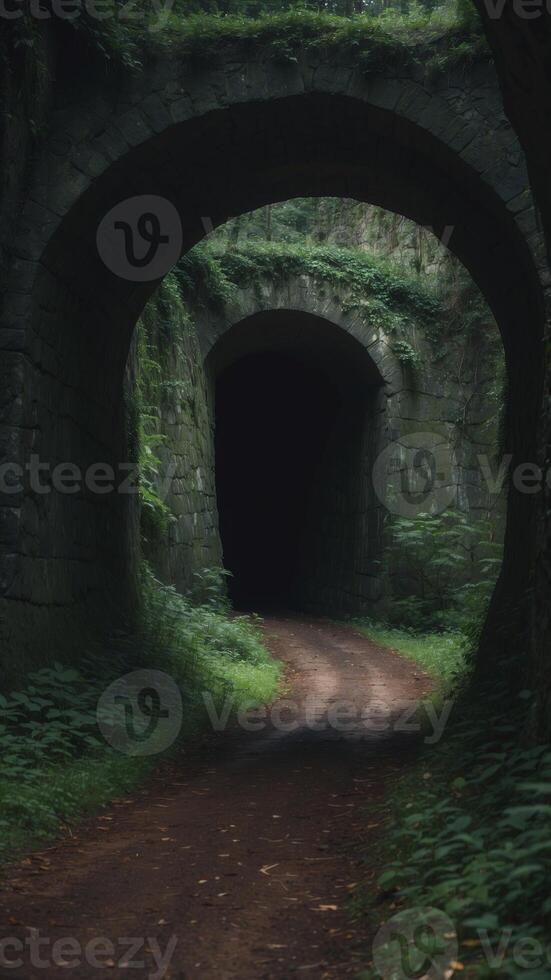 A dark tunnel within the middle of a lush green forest. photo
