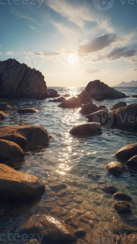 Seascape with rocks on the background of water. photo