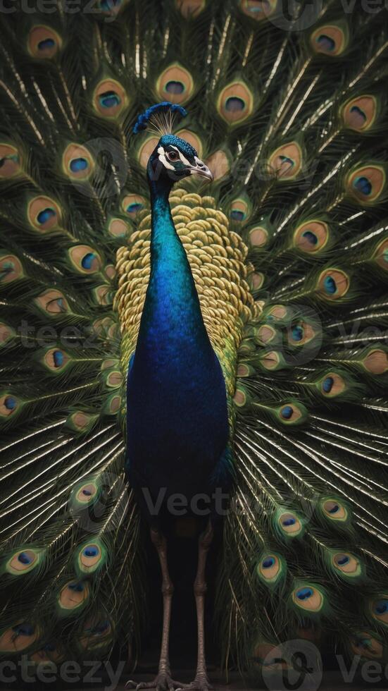 A peacock wearing a suit and tie standing in front of green leaves. photo