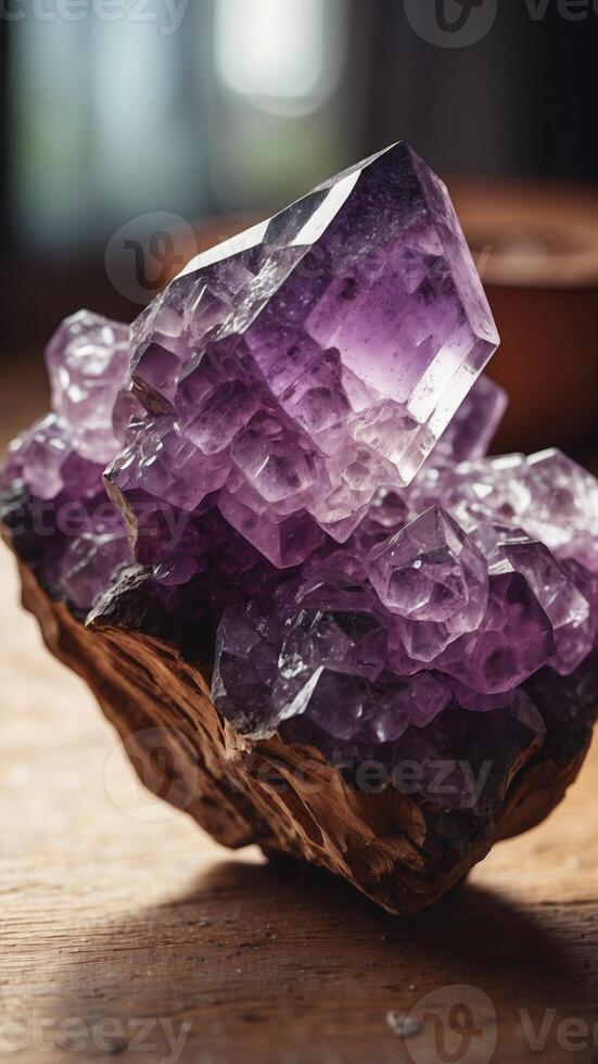 Large amethyst crystal cluster sparkling on natural wood surface. photo