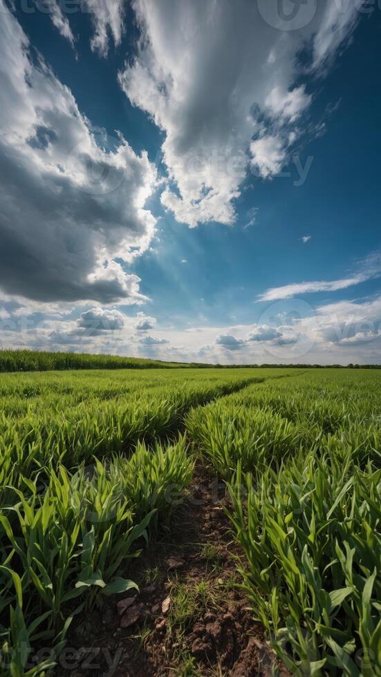 Green Field Under a Blue Sky with White Clouds. photo