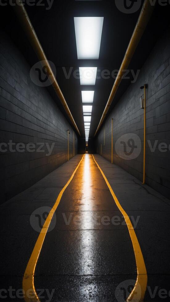 A dark tunnel with a yellow line on the ground. photo