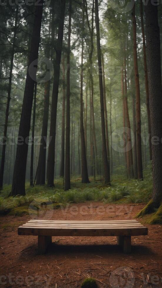 A wooden bench sitting in the middle of a forest. photo