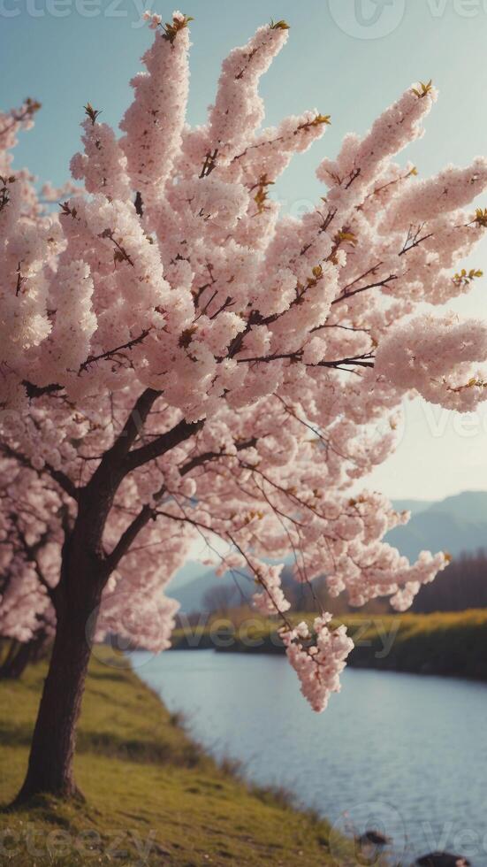 Peaceful Springtime Landscape with Cherry Blossoms. photo