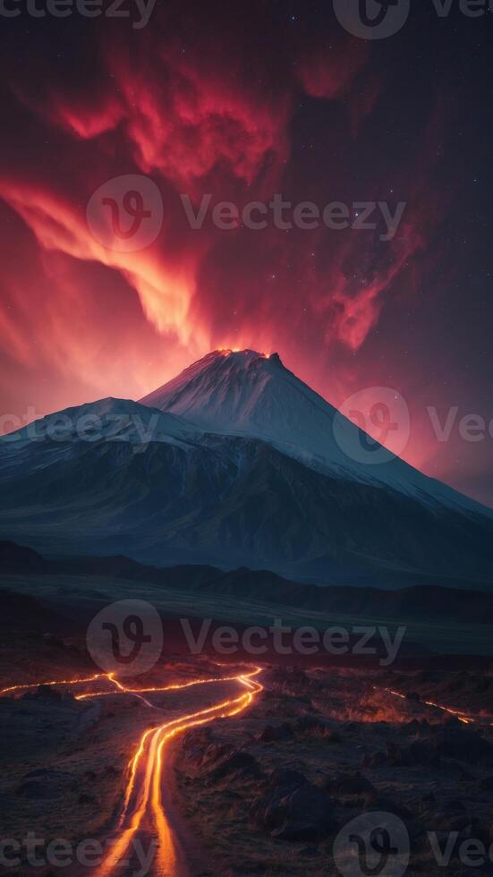 Natural landscape with volcanic eruption under northern lights. photo