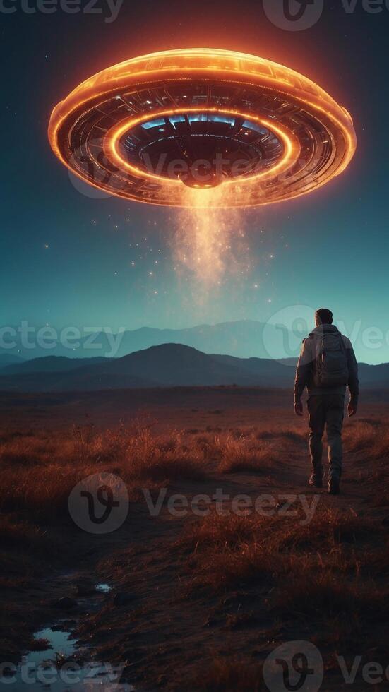 dystopian vision of the future with fires burning in the night next to a rundown nature with an alien spaceship about to land. photo