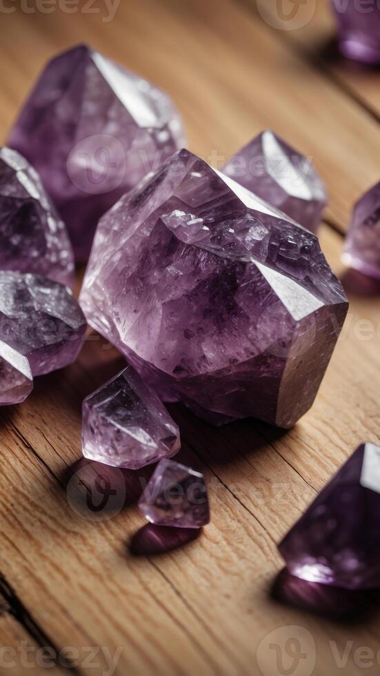 Large amethyst crystal cluster sparkling on natural wood surface. photo