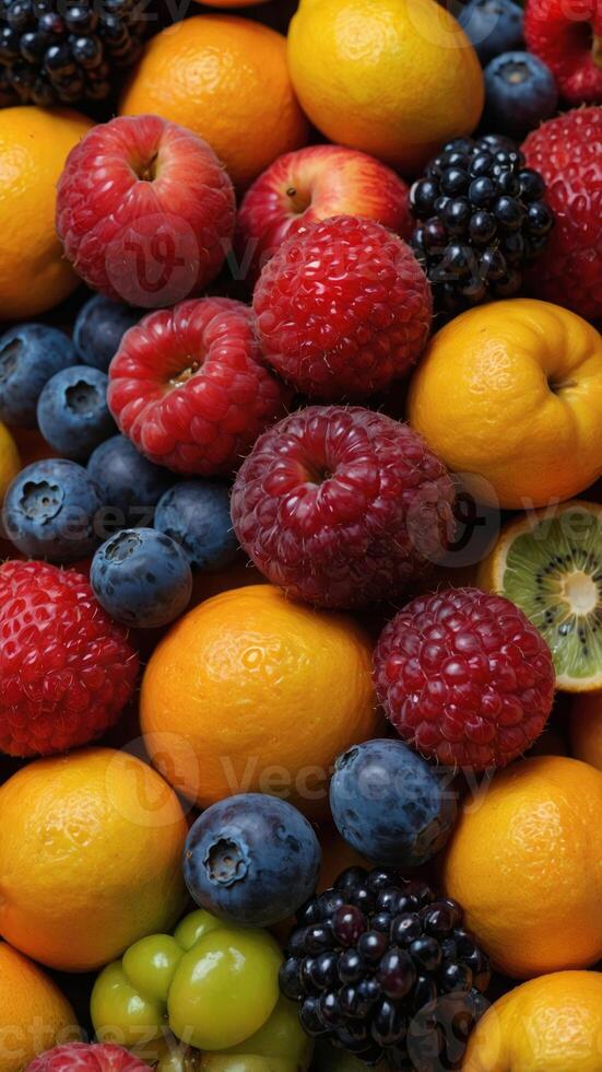 A mix of different fresh fruits creating a colorful and vibrant background. photo