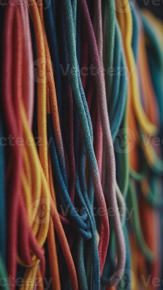 A row of colorful cords are displayed in a store. photo