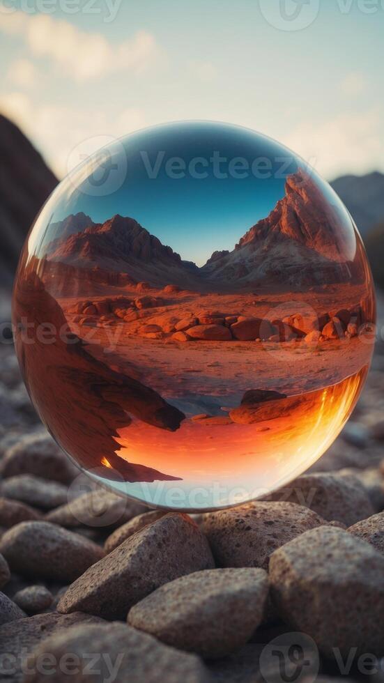 A large glass ball is sitting on a rocky surface. photo