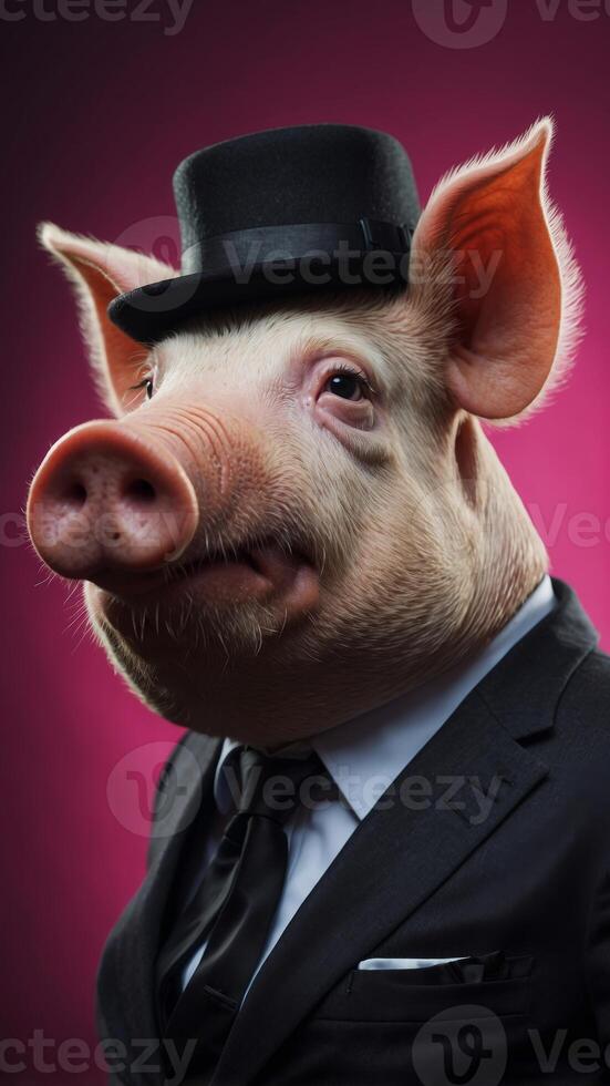 A hungover pig wearing a suit black background. photo