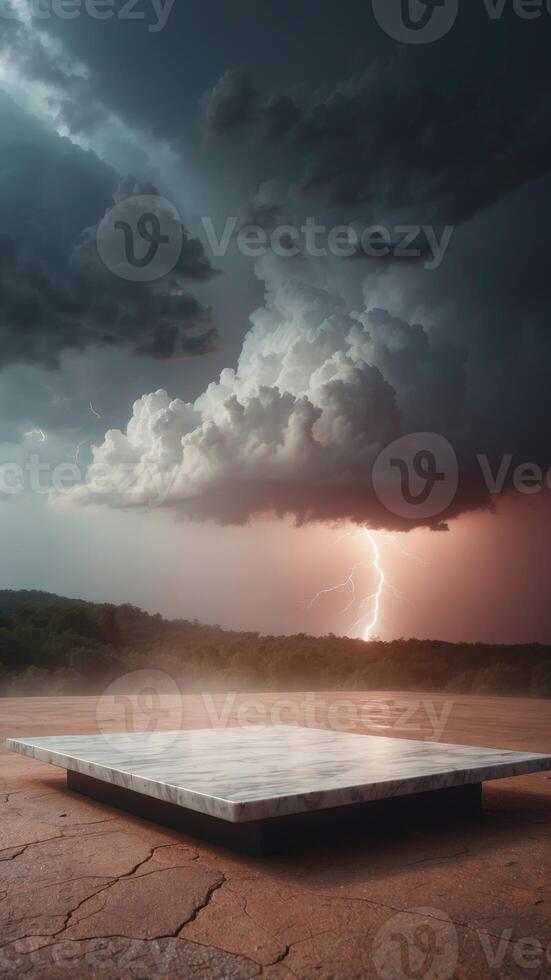 A marble platform dramatically floating in a tumultuous cloud filled sky during a powerful thunderstorm Bright flashes of lightning illuminate the scene. photo
